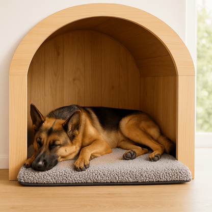 Couverture-chauffante-pour-chien-déhoussable-lavable en machine, ultra doux, antidérapant, auto-chauffant pour chien de toutes tailles du petit au grand de la taille du S au XL-sans électricité, sans prise et sans danger-un grand chien qui dort paisiblement sur le tapis qui réfléchit naturellement la chaleur du corps dans sa niche extérieure