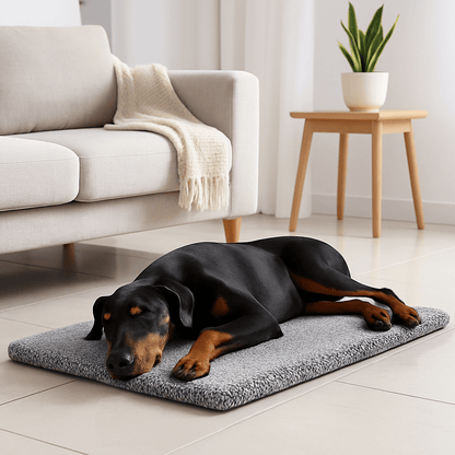 Couverture-chauffante-pour-chien-déhoussable-lavable en machine, ultra doux, antidérapant, auto-chauffant pour chien de toutes tailles du petit au grand de la taille du S au XL-sans électricité, sans prise et sans danger-un grand chien noir et marron qui dort paisiblement sur le tapis qui réfléchit naturellement la chaleur du corps dans le salon de la maison