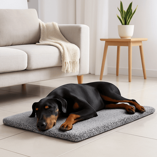 Couverture-chauffante-pour-chien-déhoussable-lavable en machine, ultra doux, antidérapant, auto-chauffant pour chien de toutes tailles du petit au grand de la taille du S au XL-sans électricité, sans prise et sans danger-un grand chien noir et marron qui dort paisiblement sur le tapis qui réfléchit naturellement la chaleur du corps dans le salon de la maison