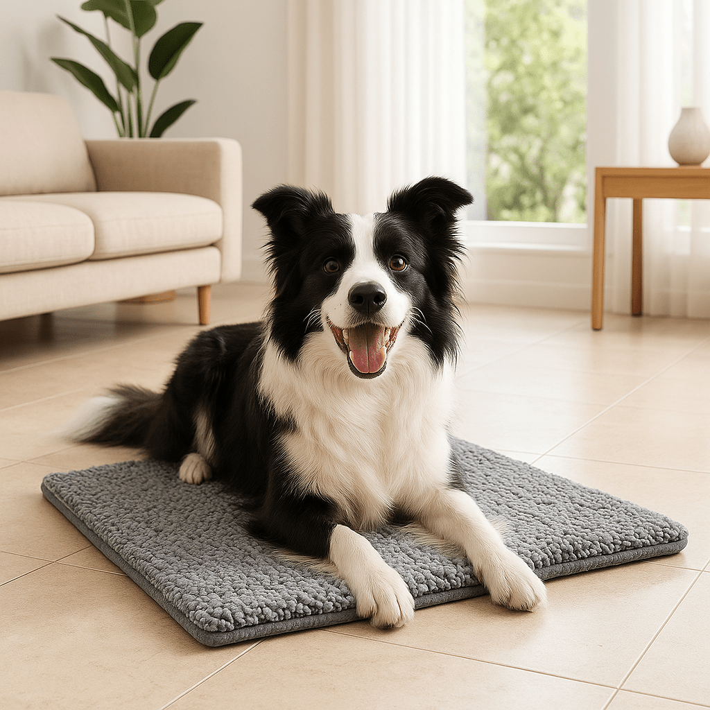 Couverture-chauffante-pour-chien-déhoussable-lavable en machine, ultra doux, antidérapant, auto-chauffant pour chien de toutes tailles du petit au grand de la taille du S au XL-sans électricité, sans prise et sans danger-un Jchien de taille moyenne confortablement sur le tapis taille L qui réfléchit naturellement la chaleur du corps dans le salon de l'appartement