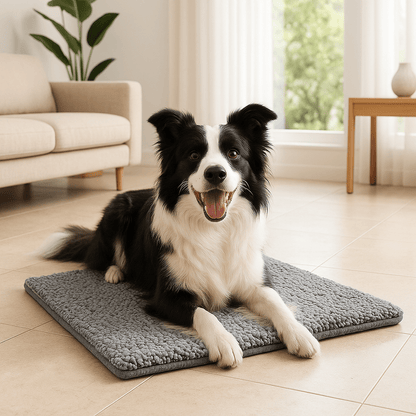 Couverture-chauffante-pour-chien-déhoussable-lavable en machine, ultra doux, antidérapant, auto-chauffant pour chien de toutes tailles du petit au grand de la taille du S au XL-sans électricité, sans prise et sans danger-un Jchien de taille moyenne confortablement sur le tapis taille L qui réfléchit naturellement la chaleur du corps dans le salon de l'appartement