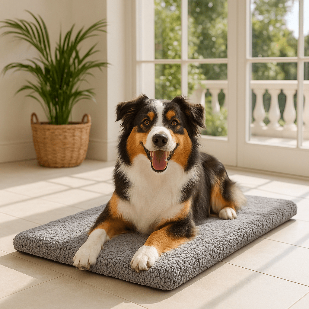 Couverture-chauffante-pour-chien-déhoussable-lavable en machine, ultra doux, antidérapant, auto-chauffant pour chien de toutes tailles du petit au grand de la taille du S au XL-sans électricité, sans prise et sans danger-un chien moyen qui dort paisiblement sur le tapis de taille M qui réfléchit naturellement la chaleur du corps dans la véranda de la maison