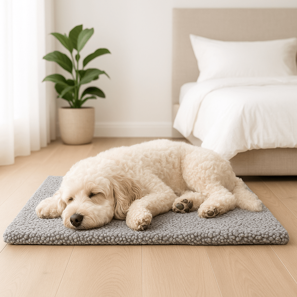 Couverture-chauffante-pour-chien-déhoussable-lavable en machine, ultra doux, antidérapant, auto-chauffant pour chien de toutes tailles du petit au grand de la taille du S au XL-sans électricité, sans prise et sans danger-un petit chien frisé qui dort paisiblement sur le tapis qui réfléchit naturellement la chaleur du corps dans la chambre de l'appartement