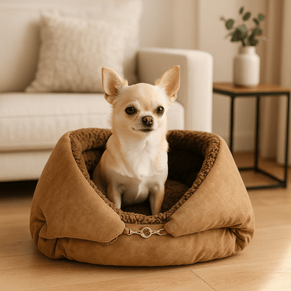 Couverture-pour-chien-3-en-1-coton et velours pour petit chien et chiot lavable en machine à laver, transformable en panier avec rebord surélevé ou tapis réversible double-face ou entourante avec attache sur le coté pour pas glissser et entourer les chiens de petites races sensibles au froid-intérieur en peluche douce et chaude, extérieur respirant velours ultra doux et hypoallergénique-un chihuahua assis confortablement dans sa couverture en version panier niche dans le salon de l'appartement