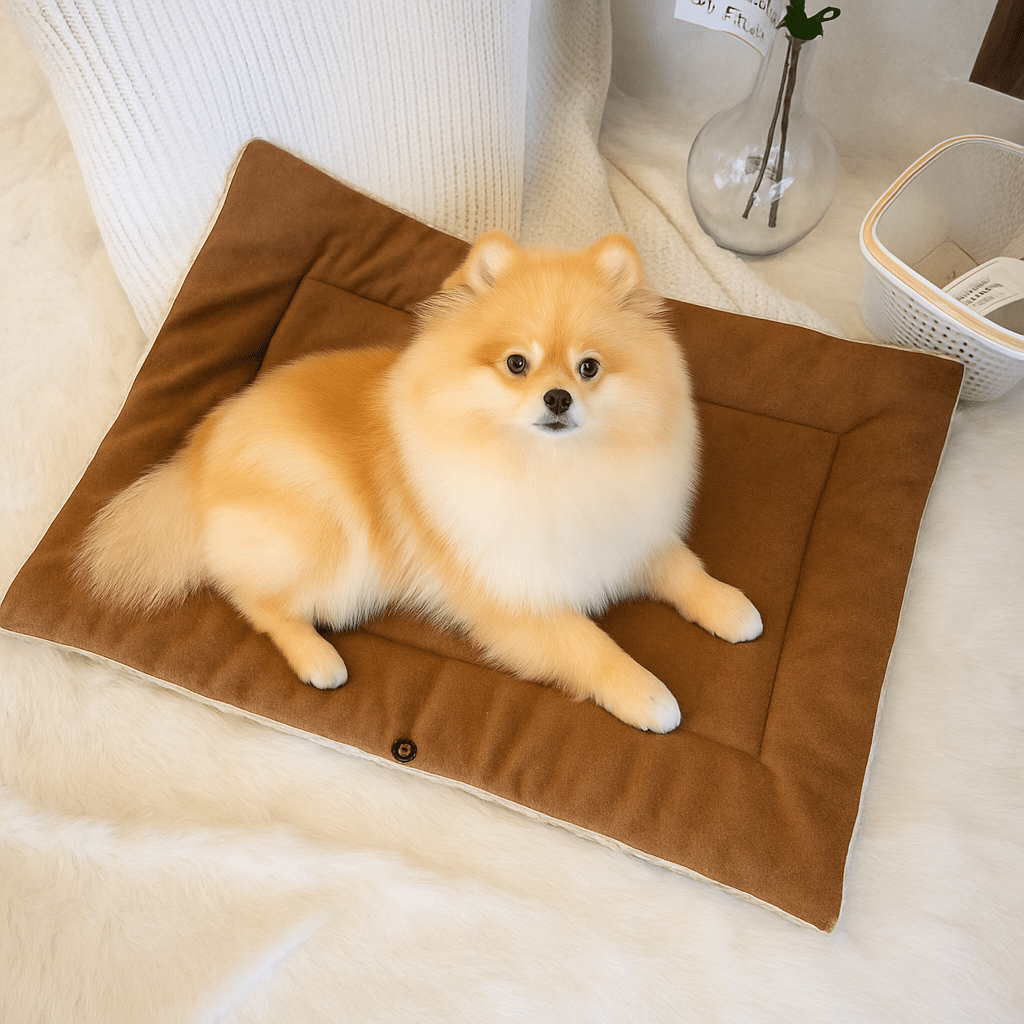 Couverture-pour-chien-3-en-1-coton et velours pour petit chien et chiot lavable en machine à laver, transformable en panier avec rebord surélevé ou tapis réversible double-face ou entourante avec attache sur le coté pour pas glissser et entourer les chiens de petites races sensibles au froid-intérieur en peluche douce et chaude, extérieur respirant velours ultra doux et hypoallergénique-un chien de race naine couché confortablement sur sa couverture en version tapis épais dans le salon de l'appartement