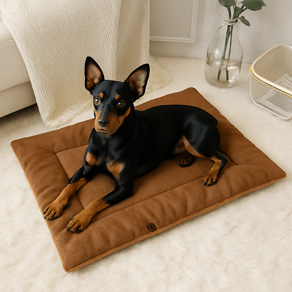 Couverture-pour-chien-3-en-1-coton et velours pour petit chien et chiot lavable en machine à laver, transformable en panier avec rebord surélevé ou tapis réversible double-face ou entourante avec attache sur le coté pour pas glissser et entourer les chiens de petites races sensibles au froid-intérieur en peluche douce et chaude, extérieur respirant velours ultra doux et hypoallergénique-un Pinscher nain couché confortablement sur sa couverture en version tapis dans le salon de l'appartement