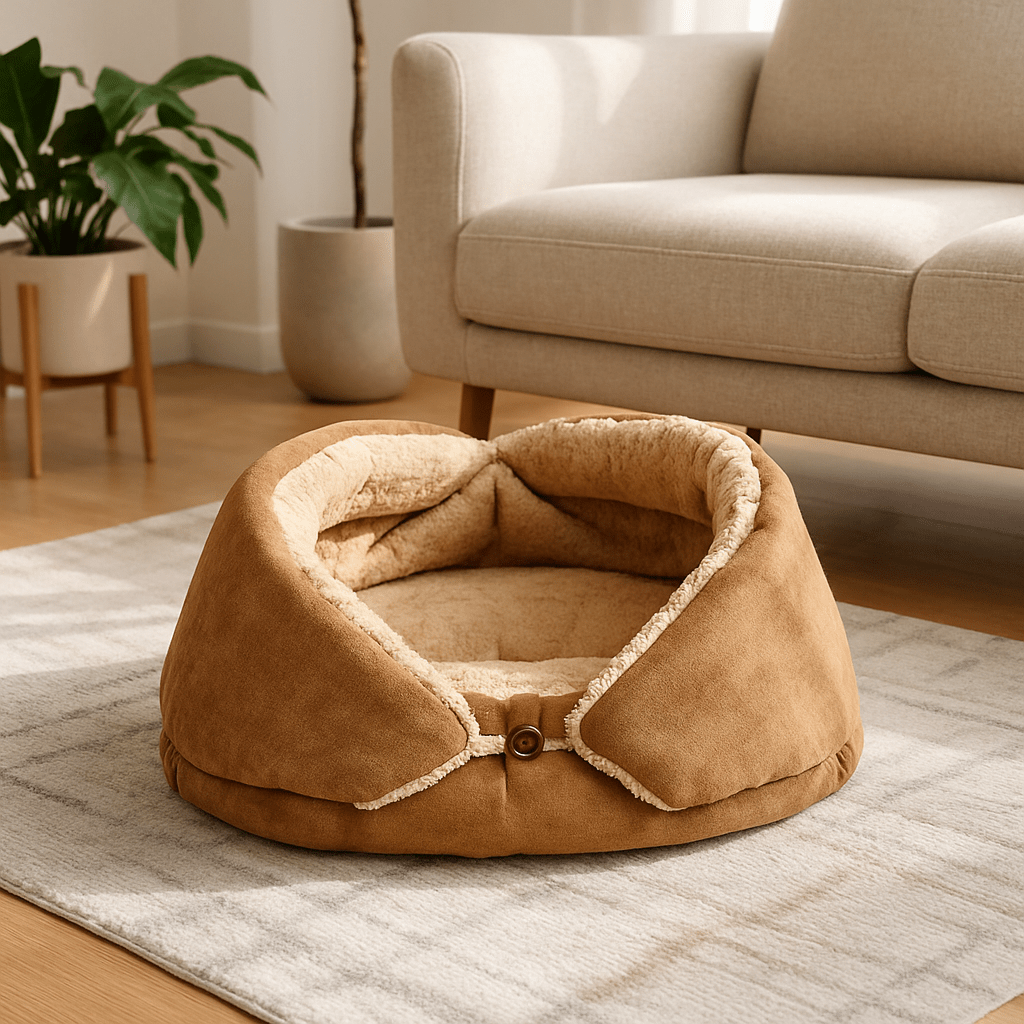 Couverture-pour-chien-3-en-1-coton et velours pour petit chien et chiot lavable en machine à laver, transformable en panier avec rebord surélevé ou tapis réversible double-face ou entourante avec attache sur le coté pour pas glissser et entourer les chiens de petites races sensibles au froid-intérieur en peluche douce et chaude, extérieur respirant velours ultra doux et hypoallergénique-de couelur camel et beige pour chien de 0 à 5 kg