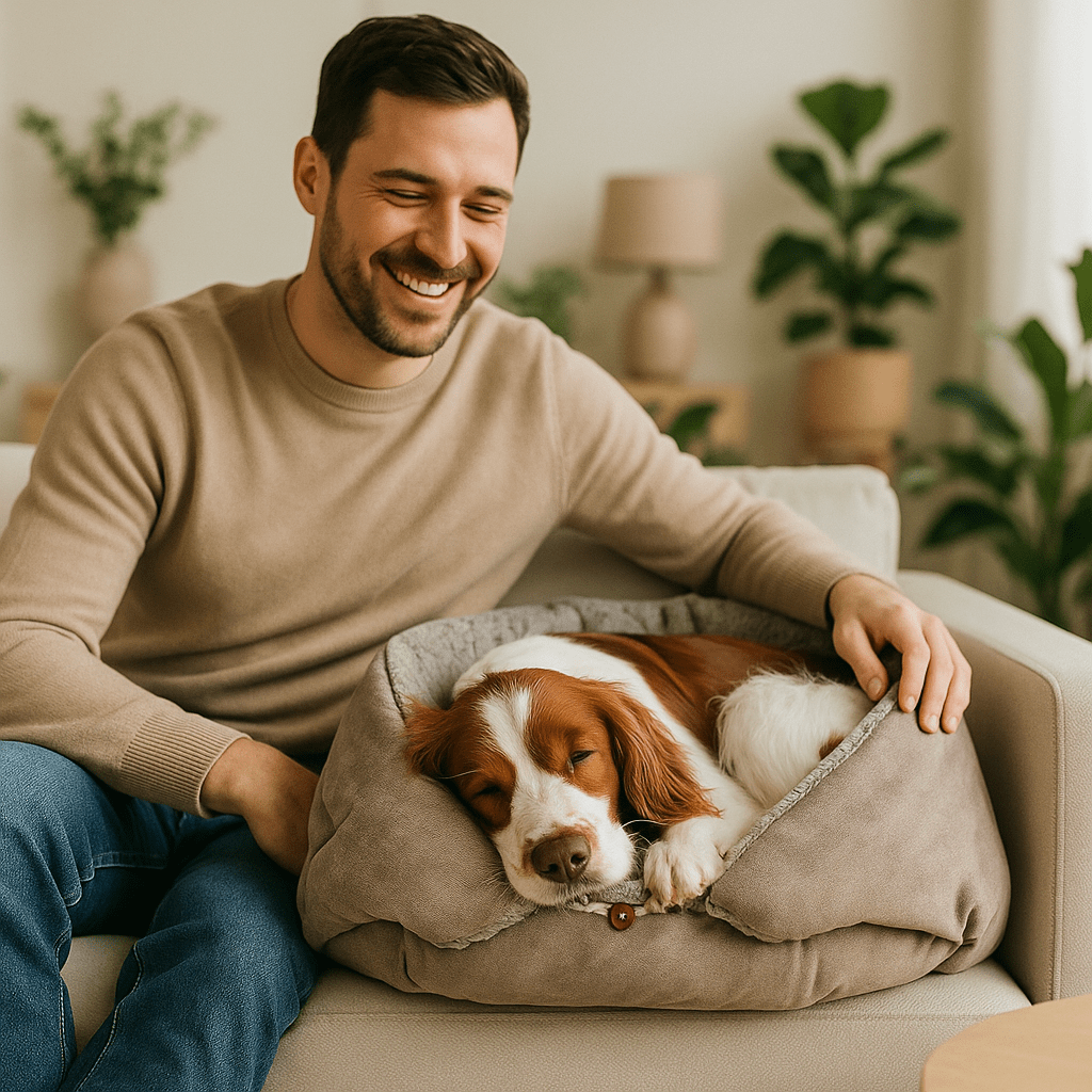 Couverture-pour-chien-3-en-1-coton et velours pour petit chien et chiot lavable en machine à laver, transformable en panier avec rebord surélevé ou tapis réversible double-face ou entourante avec attache sur le coté pour pas glissser et entourer les chiens de petites races sensibles au froid-intérieur en peluche douce et chaude, extérieur respirant velours ultra doux et hypoallergénique-un chiot qui dort paisiblement dans sa couverture en version panier niche sur le canapé du salon à coté de son maitre 