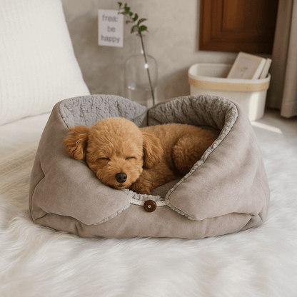 Couverture-pour-chien-3-en-1-coton et velours pour petit chien et chiot lavable en machine à laver, transformable en panier avec rebord surélevé ou tapis réversible double-face ou entourante avec attache sur le coté pour pas glissser et entourer les chiens de petites races sensibles au froid-intérieur en peluche douce et chaude, extérieur respirant velours ultra doux et hypoallergénique-un chien de race petite qui dort paisiblement dans sa couverture en version panier niche sur le lit de son maitre