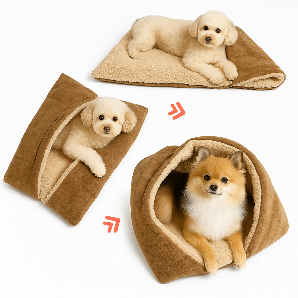 Couverture-pour-chien-3-en-1-coton et velours pour petit chien et chiot lavable en machine à laver, transformable en panier avec rebord surélevé ou tapis réversible double-face ou entourante avec attache sur le coté pour pas glissser et entourer les chiens de petites races sensibles au froid-intérieur en peluche douce et chaude, extérieur respirant velours ultra doux et hypoallergénique-photos en version tapis, couverture chaude ou panier niche