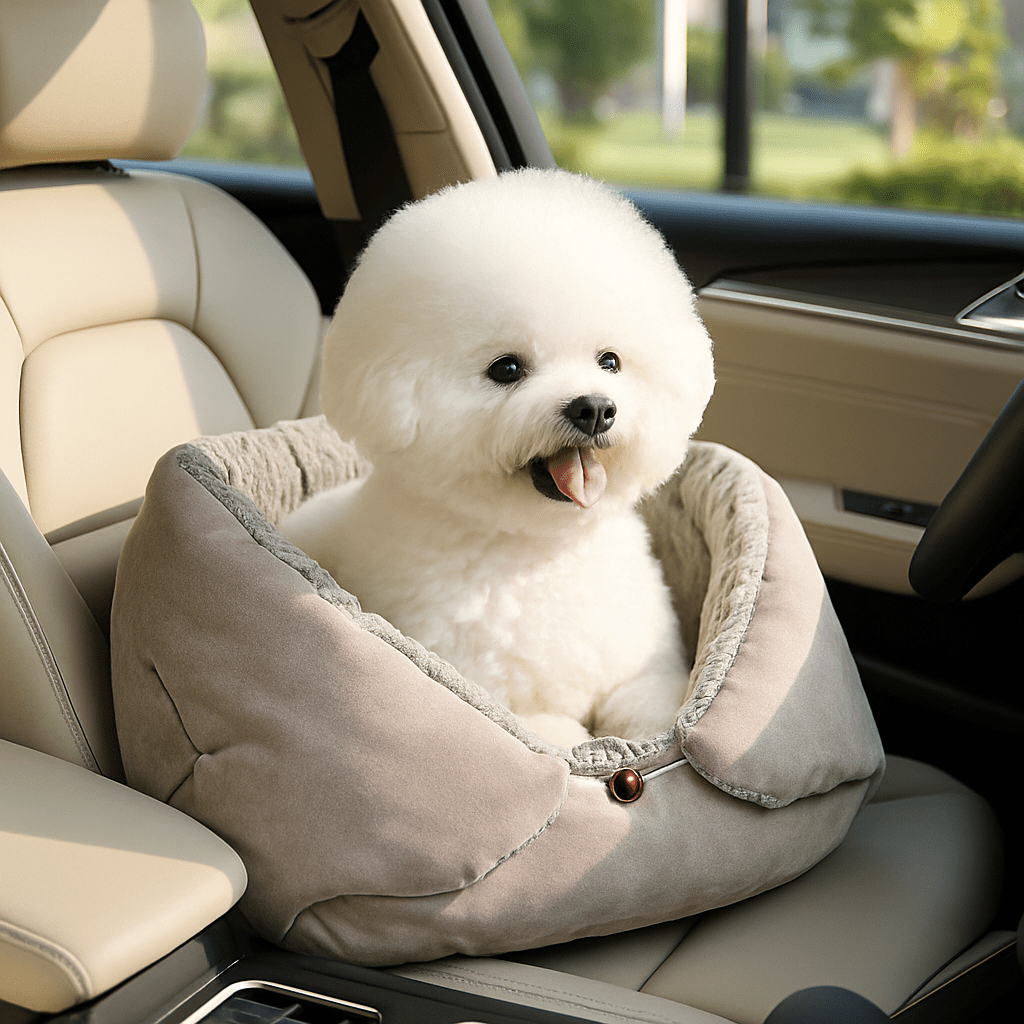 Couverture-pour-chien-3-en-1-coton et velours pour petit chien et chiot lavable en machine à laver, transformable en panier avec rebord surélevé ou tapis réversible double-face ou entourante avec attache sur le coté pour pas glissser et entourer les chiens de petites races sensibles au froid-intérieur en peluche douce et chaude, extérieur respirant velours ultra doux et hypoallergénique-un Bichon maltais assis au chaud dans sa couverture en version panier niche sur lle siège arrière de la voiture