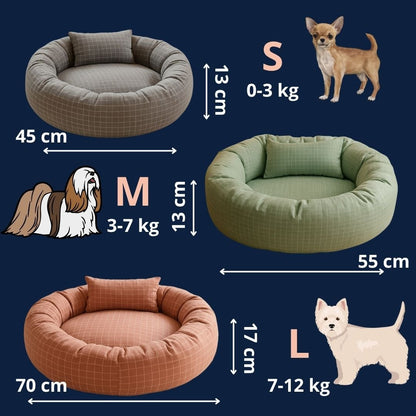 Coussin-pour-chien-avec-rebord 360° protecteur anti-stress-rond et rembourré 100% coton haute densité-housse en coton écologique et respirant-pour chien de petite à moyenne taille de 0 à 12 kg-lavable en machine-imperméable et antidérapant-carreaux graphique discret blanc-compact léger et transportable-3 tailles disponibles, M et L-guide des tailles et correspondance avec le poids du chien