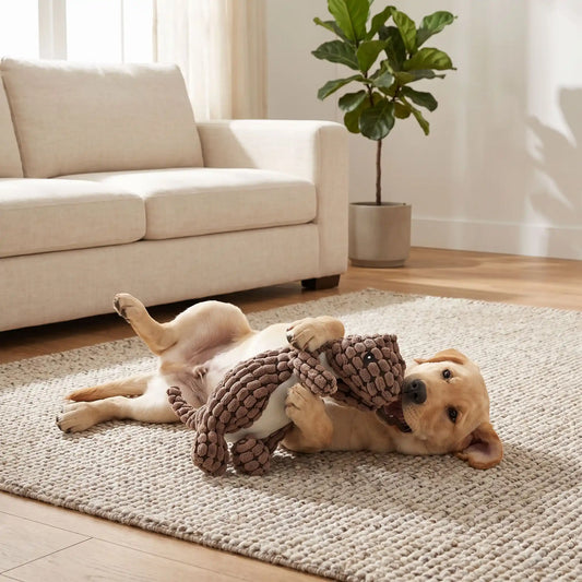 Doudou-pour-chien-chiot anti-anxiété, peluche interactive qui couine, 100% coton, coutures solides, tissu texturé qui masse les gencives et résiste aux morsures, lavable en machine, disponible en 3 coloris vert clair, marron et orange avec design mignon de dinosaure, idél pour chiot et chien de petite à moyenne taille-un chiot de race moyenne qui mord et tient dans ses pattes la peluche dinosaure de couleur marron pour un effet calmant et apaisant allongé sur le tapis du salon de la maison