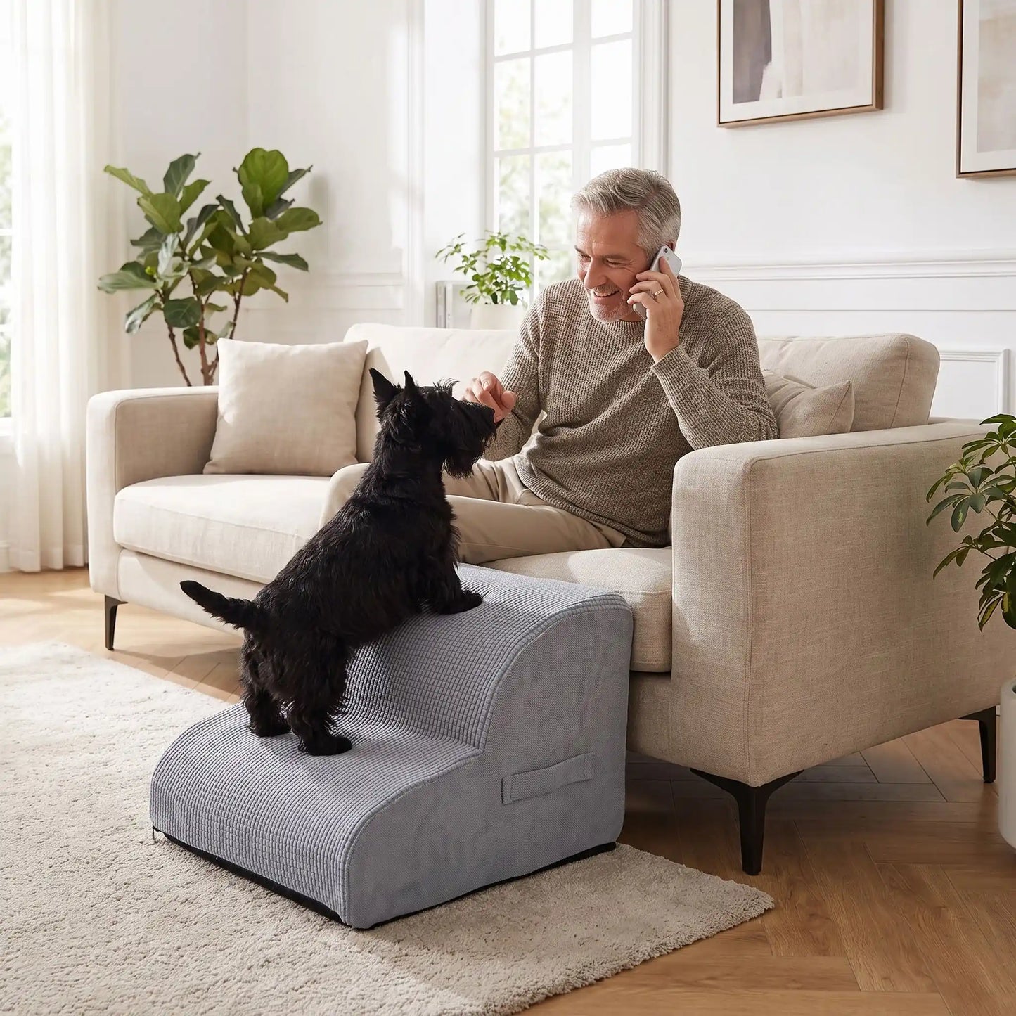 Escalier pour chien-chiot-en mousse, antidérapant, déhoussable lavable en machine avec mousse haute résilience à mémoire de forme pour protèger les articulations sensibles, sécurisé , confortable, résistant aux griffes pour petit et chien de moyenne taille, disponible en 2 modèles 2 marches et 3 marches-un chien de races à pattes courtes qui monte confortablement sur l'escalier de 2 marches en mousse gris clair pour rejoindre son maitre qui l'appelle, assise sur le canapé du salon de l'appartement