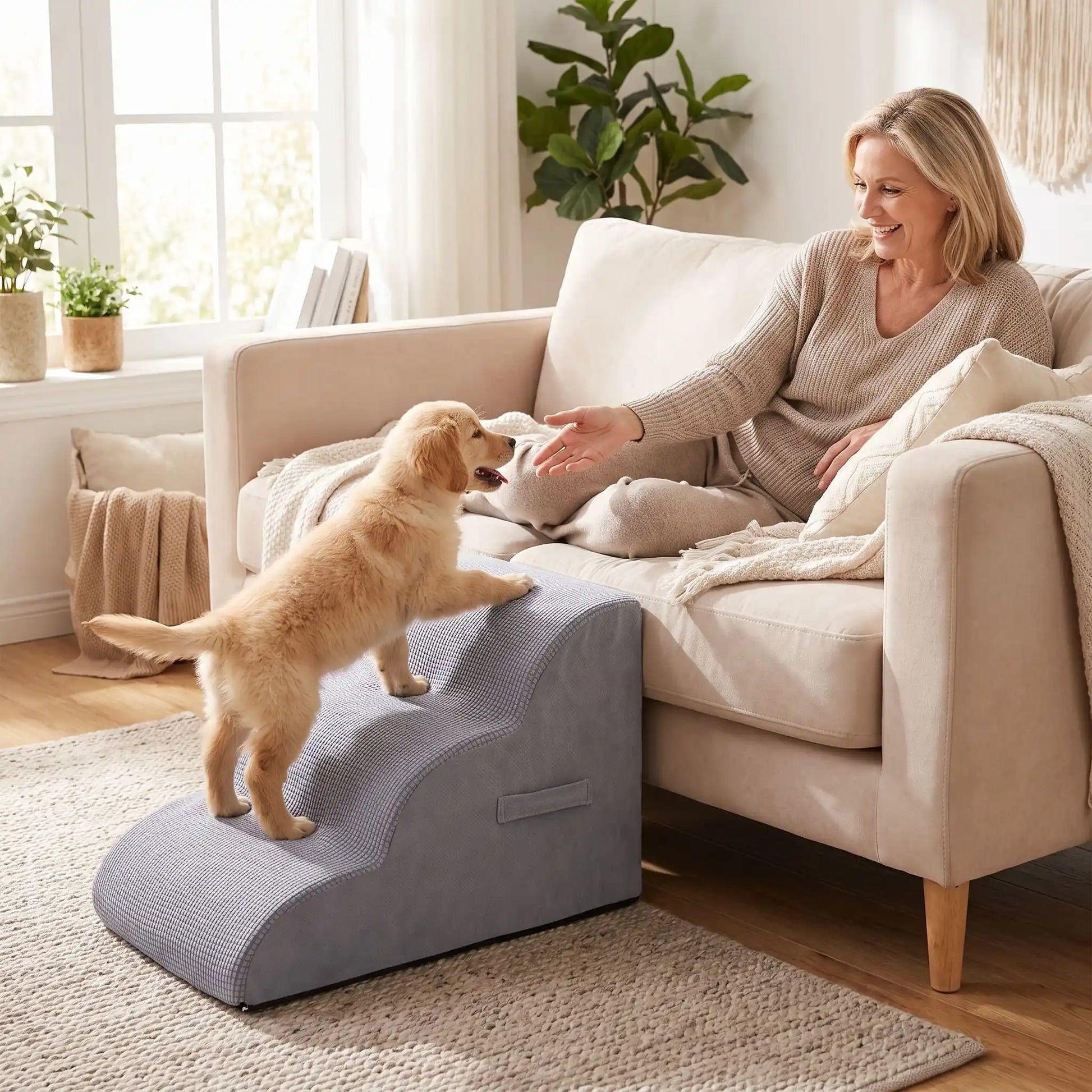 Escalier pour chien-chiot-en mousse, antidérapant, déhoussable lavable en machine avec mousse haute résilience à mémoire de forme pour protèger les articulations sensibles, sécurisé , confortable, résistant aux griffes pour petit et chien de moyenne taille, disponible en 2 modèles 2 marches et 3 marches-un chiot de race moyenne qui monte confortablement sur l'escalier de 3 marches en mousse gris clair pour rejoindre sa maitresse qui l'appelle, assise sur le canapé du salon de la maison