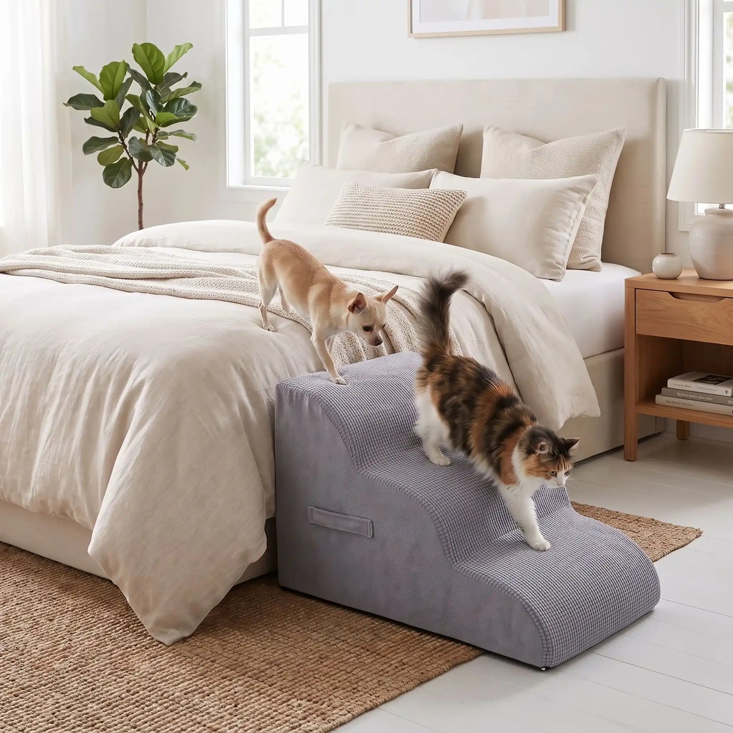 Escaliers pour chien-chiot-en mousse, antidérapant, déhoussable lavable en machine avec mousse haute résilience à mémoire de forme pour protèger les articulations sensibles, sécurisé , confortable, résistant aux griffes pour petit et chien de moyenne taille, disponible en 2 modèles 2 marches et 3 marches-un chien de race naine et un chat qui descendent confortablement et de manière indépendante, sans aide; du lit de leur maitres grâce à l'escalier de 3 marches en mousse gris clair dans la chambre 