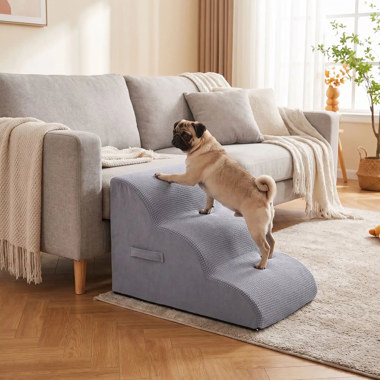 Escaliers pour chien-chiot-en mousse, antidérapant, déhoussable lavable en machine avec mousse haute résilience à mémoire de forme pour protèger les articulations sensibles, sécurisé , confortable, résistant aux griffes pour petit et chien de moyenne taille, disponible en 2 modèles 2 marches et 3 marches-un chien de race moyenne qui monte confortablement et de manière indépendante, sans aide; sur le canapé grâce à l'escalier de 3 marches en mousse gris clair dans le salon de la maison
