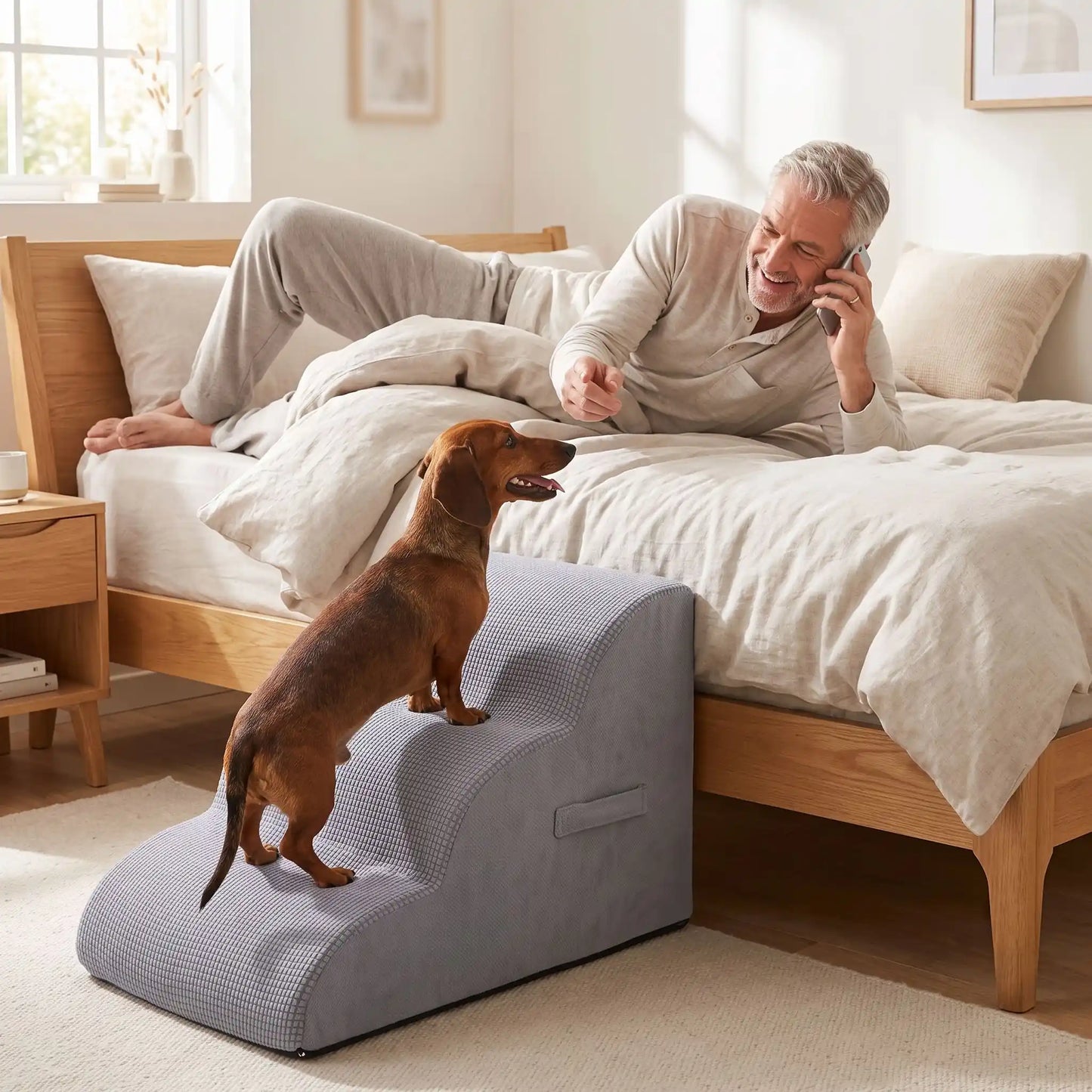 Escalier pour chien-chiot-en mousse, antidérapant, déhoussable lavable en machine avec mousse haute résilience à mémoire de forme pour protèger les articulations sensibles, sécurisé , confortable, résistant aux griffes pour petit et chien de moyenne taille, disponible en 2 modèles 2 marches et 3 marches-un chiot de race moyenne à pattes très courtes qui monte confortablement sur l'escalier de 3 marches en mousse gris clair pour rejoindre son maitre qui l'appelle pour un cododo dans son lit dans la chambre