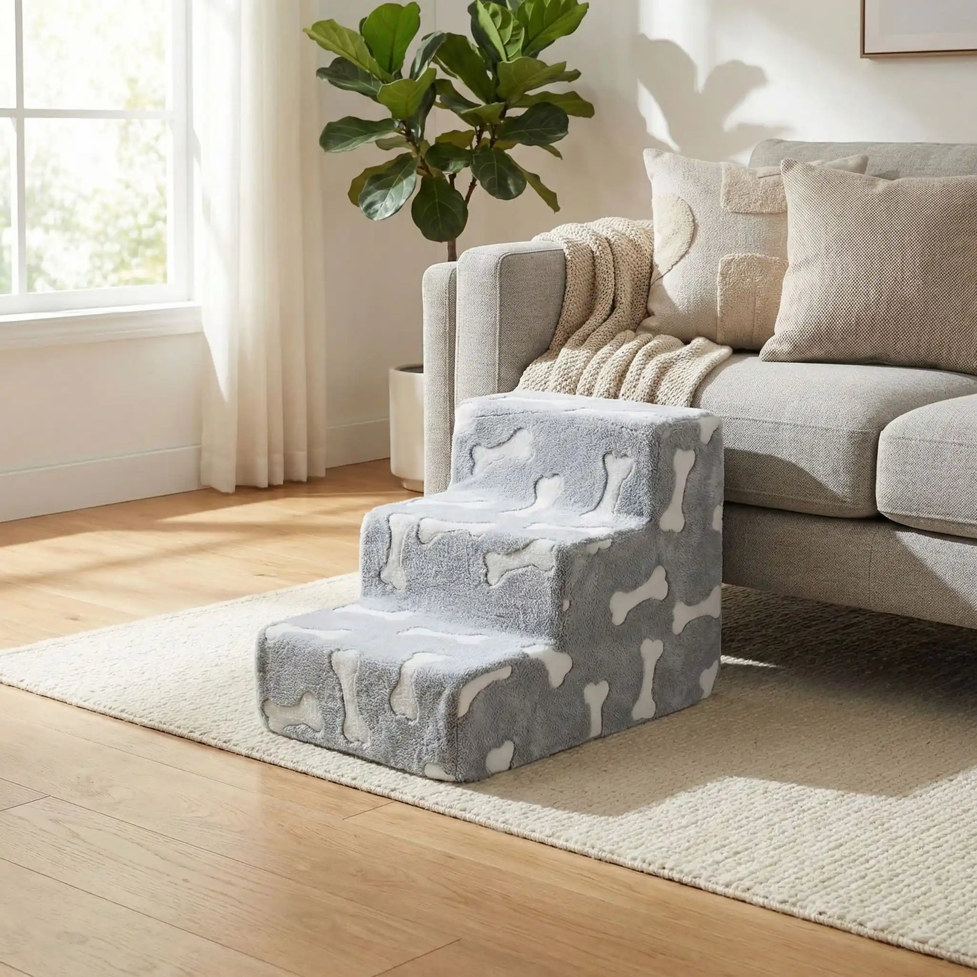 Escalier-mousse-pour-chien et chiot antidérapant, déhoussable lavable en machine avec mousse haute résilience à mémoire de forme pour protèger les articulations sensibles, sécurisé , confortable, résistant aux griffes pour petit et chien de moyenne taille-design peluche sur le dessus ultra-douce et tissu en coton solide-modèle 3 hautes marches avec housse de couleur grise et décor os blanc