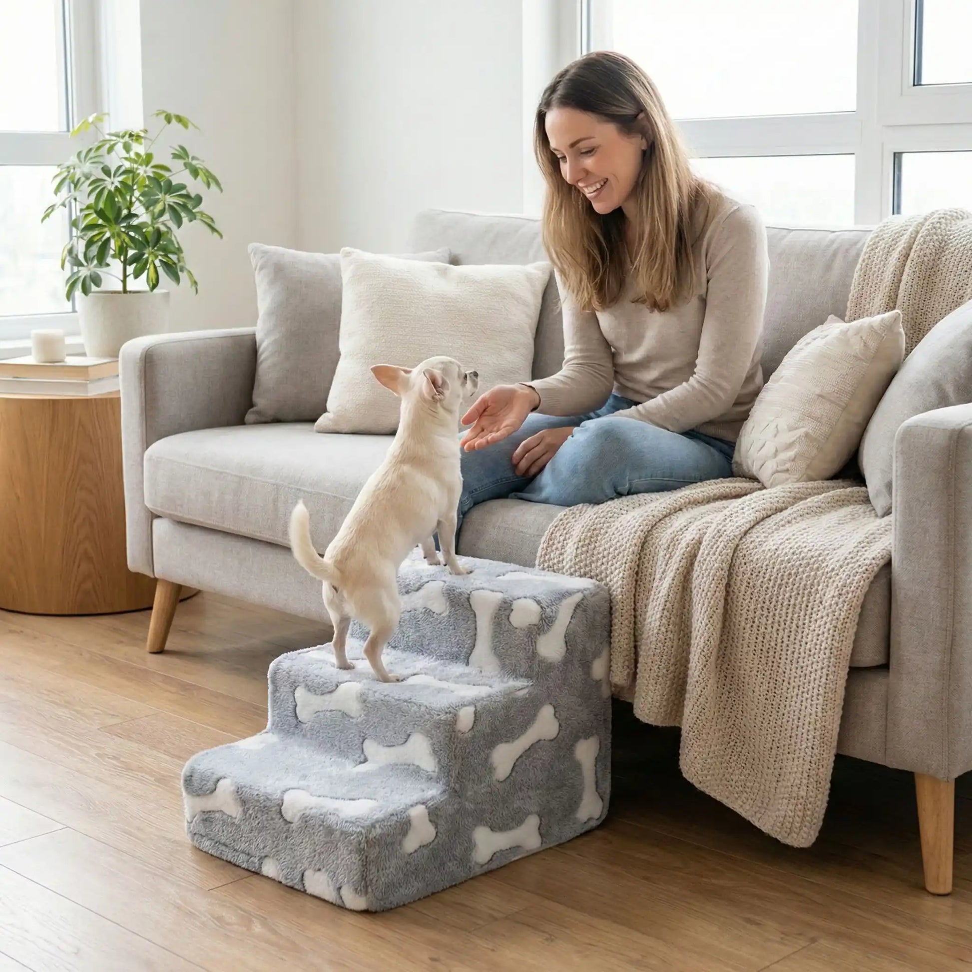 Escalier-mousse-pour-chien et chiot antidérapant, déhoussable lavable en machine avec mousse haute résilience à mémoire de forme pour protèger les articulations sensibles, sécurisé , confortable, résistant aux griffes pour petit et chien de moyenne taille-design peluche sur le dessus ultra-douce et tissu en coton solide-un chihuahua qui monte sur l'escalier de 3 marches en mousse pour rejoindre en toute sécurité les caresses de sa maitresse sur le canapé de l'appartement