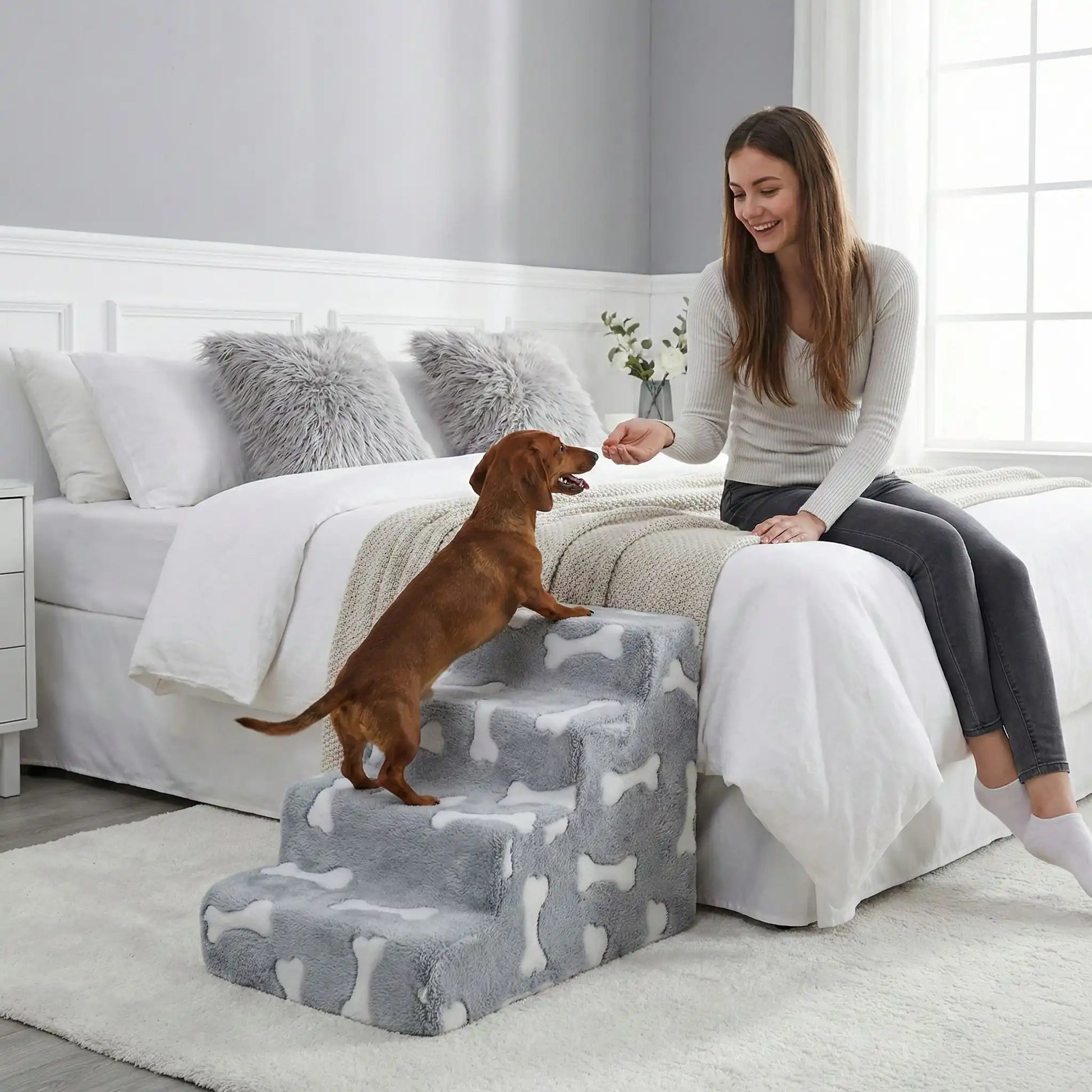 Escalier-mousse-pour-chien et chiot antidérapant, déhoussable lavable en machine avec mousse haute résilience à mémoire de forme pour protèger les articulations sensibles, sécurisé , confortable, résistant aux griffes pour petit et chien de moyenne taille-design velours sur le dessus ultra-doux et tissu en coton solide-un teckel qui monte sur l'escalier de 4 marches en mousse pour rejoindre en toute sécurité le lit de sa maitresse dans la chambre de la maison