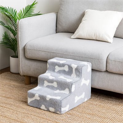 Escalier-mousse-pour-chien et chiot antidérapant, déhoussable lavable en machine avec mousse haute résilience à mémoire de forme pour protèger les articulations sensibles, sécurisé , confortable, résistant aux griffes pour petit et chien de moyenne taille-design peluche sur le dessus ultra-douce et tissu en coton solide-modèle 3 marches pour petit chien