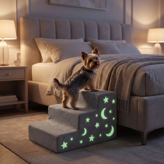 Escalier-mousse-pour-chien, chiot antidérapant, déhoussable lavable en machine avec mousse haute résilience à mémoire de forme pour protèger les articulations sensibles, sécurisé , confortable, résistant aux griffes pour petit et chien de moyenne taille-housse en velours ultra-douce avec motif étoiles phosphorescent pour la nuit -un petit chien qui monte sur l'escalier de 3 hautes marches en mousse avec ses étoiles phosphorescente qui brille en douceur pour rejoindre en toute sécurité le lit de ses maitres 