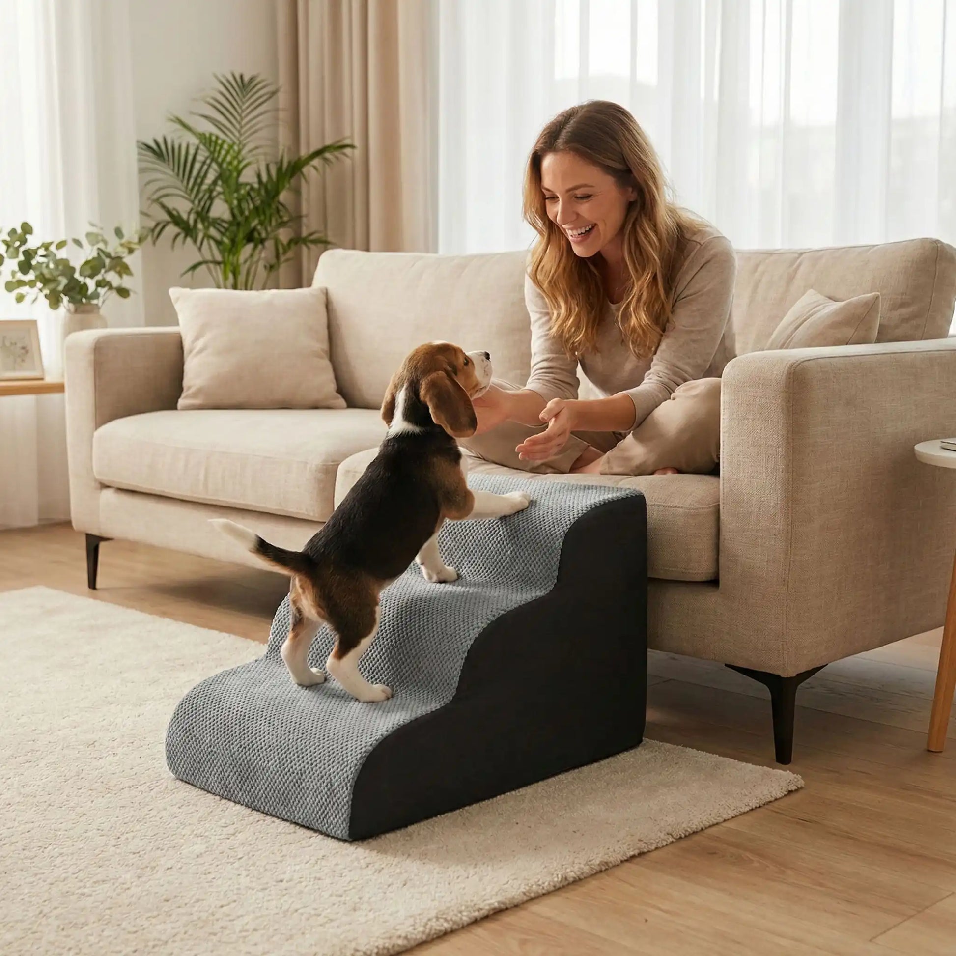 Escalier-mousse-pour_chien-chiot-antidérapant, déhoussable lavable en machine avec mousse haute résilience à mémoire de forme pour protèger les articulations sensibles, sécurisé , confortable, résistant aux griffes pour petit et chien de moyenne taille-un chiot  qui monte confortablement sur l'escalier de 3 marches en mousse gris et noir pour aller sur le canapé du salon en toute sécurité rejoindre sa maitresse assise sur le canapé