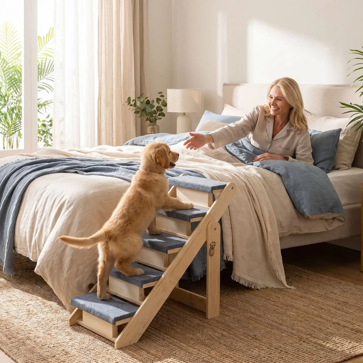 Escalier-pliable-pour-chien-chiot en bois de pin et tissu polyester doux et antidérapant résistant aux griffes-escabeau pour chien de 5 marches en pente douce de 12 cm de hateur, en bois naturel design pour chiot et chien de petite à moyenne race, pliable, compact et léger de 6,1 kg facilement transportable, compact pour un rangement facile-un chiot de grande taille qui monte sur l'escalier pour rejoindre sa maitresse qui l'appelle allongée dans son lit pour un cododo dans la chambre de la maison