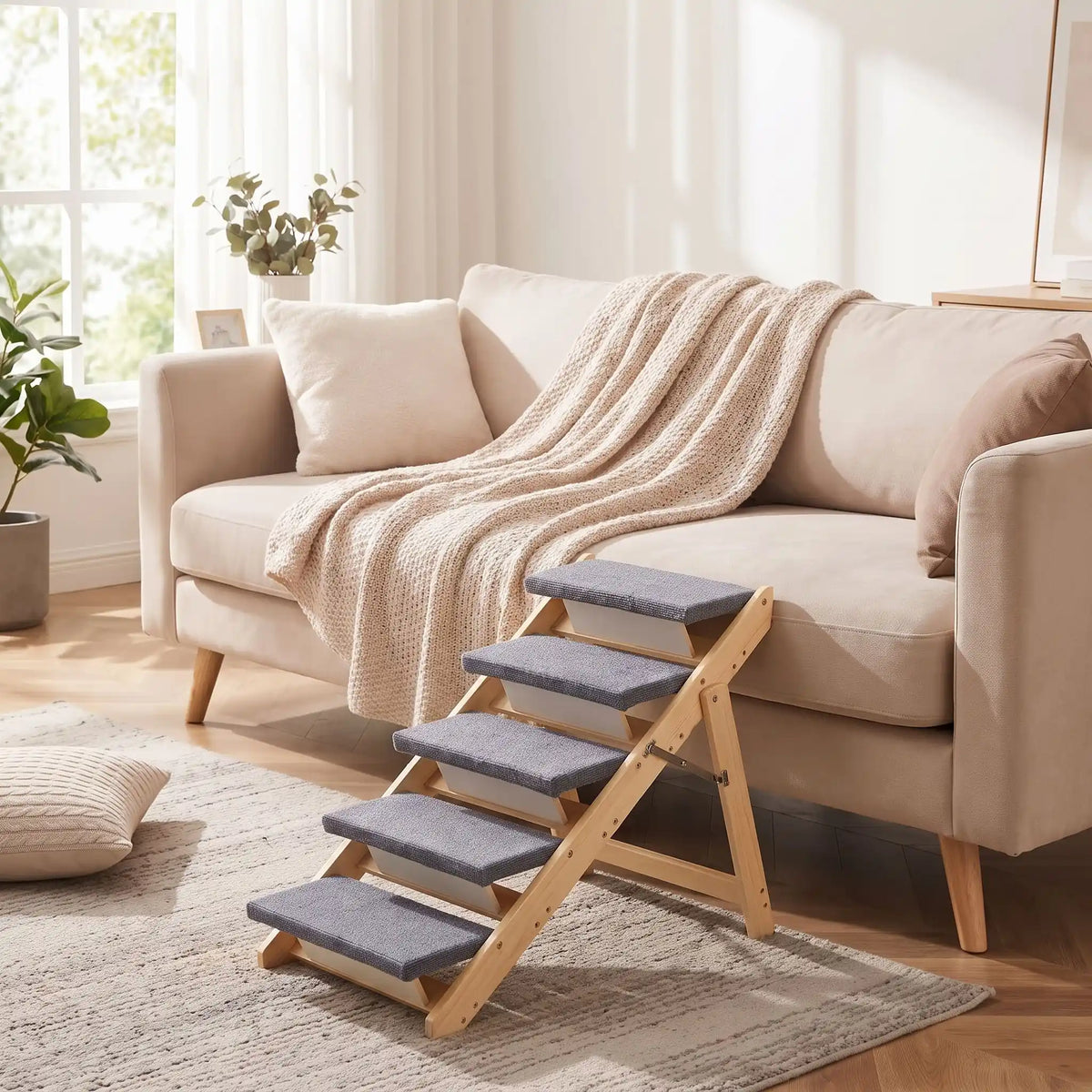 Escalier-pliable-pour-chien-chiot en bois de pin et tissu polyester doux et antidérapant résistant aux griffes-escabeau pour chien de 5 marches en pente douce de 12 cm de hateur, en bois naturel design pour chiot et chien de petite à moyenne race, pliable, compact et léger de 6,1 kg facilement transportable, compact pour un rangement facile-gros plan sur l'escalier pour chien en bois massif robuste de 5 marches larges en pente douce pour chiot et chien de petite, moyenne et grande taille 