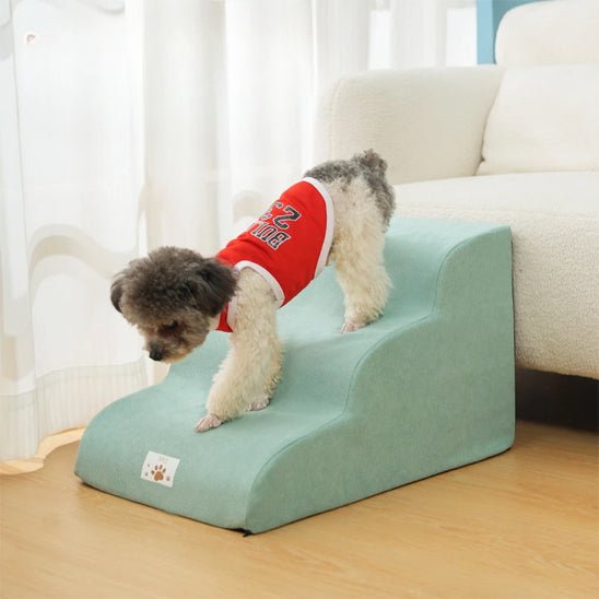 Escalier pour chien chiot antidérapant, déhoussable lavable en machine avec mousse haute résilience à mémoire de forme pour protèger les articulations sensibles, sécurisé , confortable, résistant aux griffes pour petit et chien de moyenne taille-design velours sur le dessus ultra-doux et tissu en coton solide-un caniche qui descend en toute sécurité du canapé en passant sur l'escalier ergonomique de 3 marches en toute sécurité