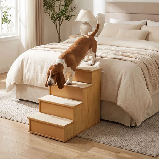 Escalier-pour-chien-bois MDF robuste et naturel  de 4 marches avec moquette en peluche antidérapante et doux sur chaque marches amovible et lavable, idéal pour chiot et chien de petite à moyenne race jusqu'à 25 kilos, pour favoriser l'autonomie des chien agés, race à pattes courtes, chiot en croissance ou chien convalescent-escalier écoresponsable fixe de 8 kg- un chien moyen de race à pattes courtes qui descend du lit de sa maitresse grâce à l'escalier en bois MDF robuste dans la chambre de l'appartement