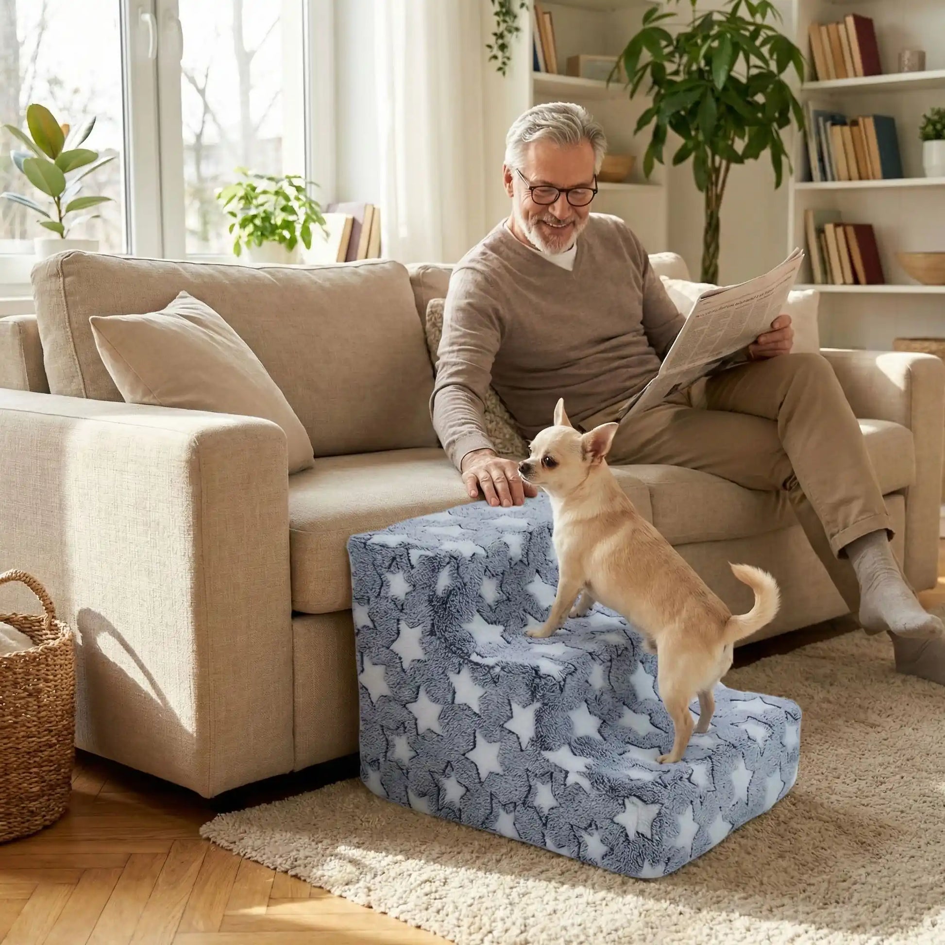 Escalier pour chien et chiot antidérapant, déhoussable lavable en machine avec mousse haute résilience à mémoire de forme pour protèger les articulations sensibles, sécurisé , confortable, résistant aux griffes pour petit et chien de moyenne taille-design velours sur le dessus ultra-doux et tissu en coton solide avec design étoiles-un chien de race naine qui monte confortablement sur l'escalier de 3 marches en mousse pour rejoindre en toute sécurité son maitre assis sur le canapé qui l'appelle à venir 