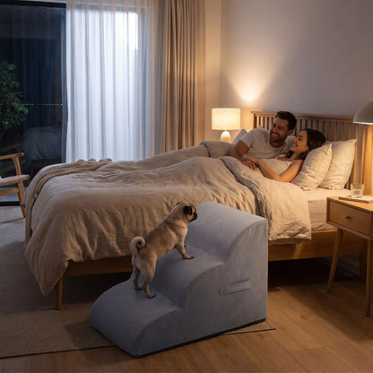 Escalier pour chien-chiot-en mousse, antidérapant, déhoussable lavable en machine avec mousse haute résilience à mémoire de forme pour protèger les articulations sensibles, sécurisé , confortable, résistant aux griffes pour petit et chien de moyenne taille, disponible en 2 modèles 2 marches et 3 marches-un petit chien à pattes courtes qui monte confortablement sur l'escalier de 3 marches en mousse gris foncé pour rejoindre ses maitres dans leur lit pour un cododo dans la chambre de la maison