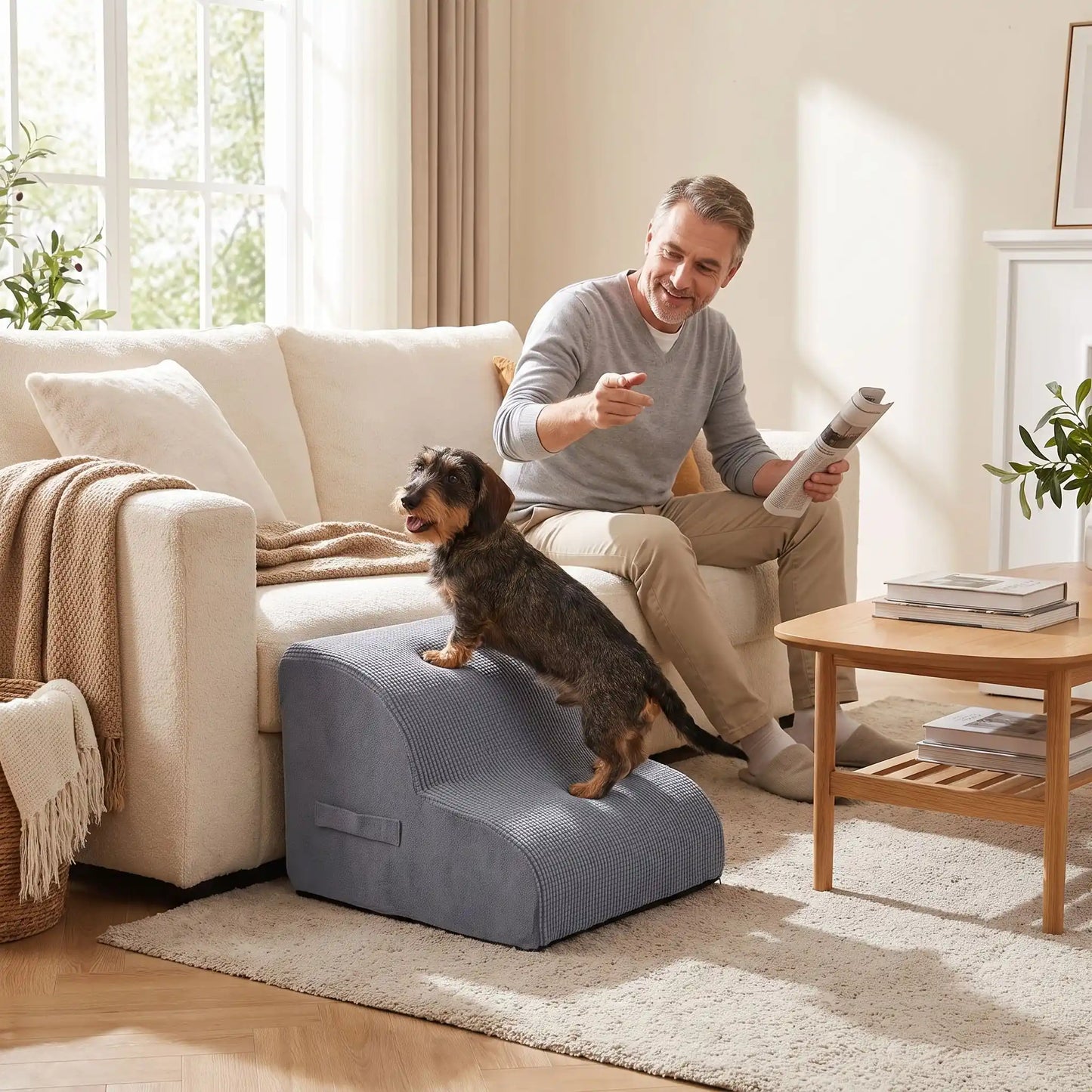 Escalier pour chien-chiot-en mousse, antidérapant, déhoussable lavable en machine avec mousse haute résilience à mémoire de forme pour protèger les articulations sensibles, sécurisé , confortable, résistant aux griffes pour petit et chien de moyenne taille, disponible en 2 modèles 2 marches et 3 marches-un chien de race moyenne allongé ,et à pattes courtes qui monte confortablement sur l'escalier de 3 marches en mousse gris foncé pour rejoindre son maitre assis sur le canapé du salon de l'appartement