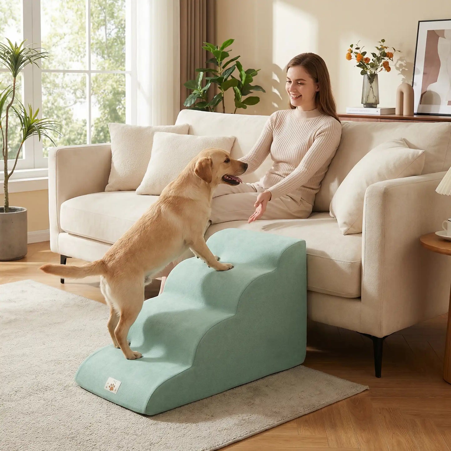 Escalier pour chien chiot antidérapant, déhoussable lavable en machine avec mousse haute résilience à mémoire de forme pour protèger les articulations sensibles, sécurisé , confortable, résistant aux griffes pour petit et chien de moyenne taille-design velours sur le dessus ultra-doux et tissu en coton solide-un grand chien qui utiilse le modèle 4 marches de couleur vert pour rejoindre en toute sécurité sa maitresse asssise sur le canapé du salon de la maison