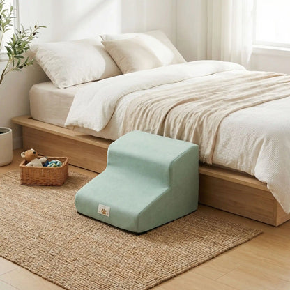 Escalier pour chien chiot antidérapant, déhoussable lavable en machine avec mousse haute résilience à mémoire de forme pour protèger les articulations sensibles, sécurisé , confortable, résistant aux griffes pour petit et chien de moyenne taille-design velours sur le dessus ultra-doux et tissu en coton solide-modèle 2 marches de couleur vert contre le lit de la chambre pour un accès facile pour le chien