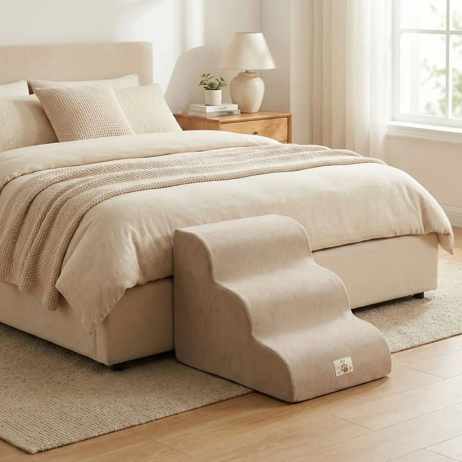 Escalier pour chien et chiot antidérapant, déhoussable lavable en machine avec mousse haute résilience à mémoire de forme pour protèger les articulations sensibles, sécurisé , confortable, résistant aux griffes pour petit et chien de moyenne taille-design velours sur le dessus ultra-doux et tissu en coton solide-modèle 3 marches de couleur marron clair supportant jusqu'à 55 kg; pour permettre au chien de rejoindre en toute sécurité le lit de la chambre de son maitre en protégeant ses articulations