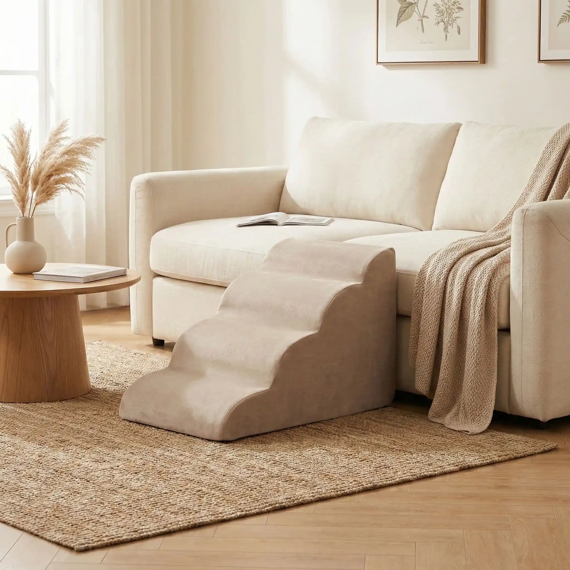 Escalier pour chien et chiot antidérapant, déhoussable lavable en machine avec mousse haute résilience à mémoire de forme pour protèger les articulations sensibles, sécurisé , confortable, résistant aux griffes pour petit et chien de moyenne taille-design velours sur le dessus ultra-doux et tissu en coton solide-modèle 2 marches de couleur marron beige, supportant jusqu'à 55 kg; pour permettre au chien de rejoindre en toute sécurité le canpé du salon de son maitre qui protége ses articulations