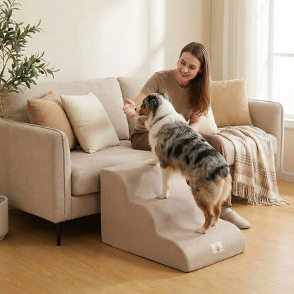 Escalier pour chien et chiot antidérapant, déhoussable lavable en machine avec mousse haute résilience à mémoire de forme pour protèger les articulations sensibles, sécurisé , confortable, résistant aux griffes pour petit et chien de moyenne taille-design velours sur le dessus ultra-doux et tissu en coton solide-un Border Australien qui monte confortablement sous les encouragement de sa maitresse assis sur le canapé du salon l'escalier de 3 marches pour la rejoindre facilement sur le canapé