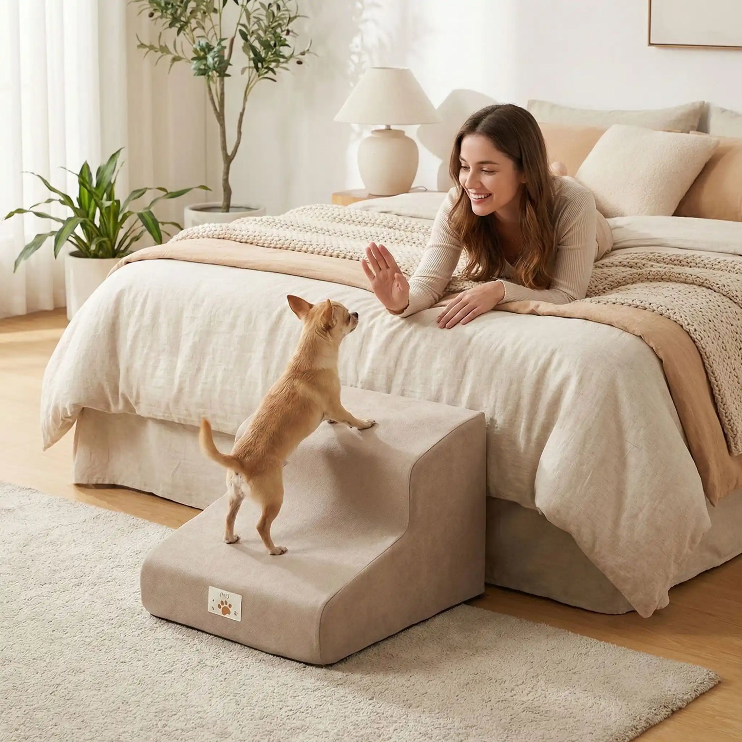 Escalier pour chien et chiot antidérapant, déhoussable lavable en machine avec mousse haute résilience à mémoire de forme pour protèger les articulations sensibles, sécurisé , confortable, résistant aux griffes pour petit et chien de moyenne taille-design velours sur le dessus ultra-doux et tissu en coton solide-un chien de race naine qui monte sur l'escalier pour rejpindre confortablement sa mitresse couché sur le lit qui l'appelle pour qu'il l'a rejoigne en toute autonomie