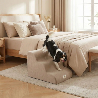 Escalier pour chien et chiot antidérapant, déhoussable lavable en machine avec mousse haute résilience à mémoire de forme pour protèger les articulations sensibles, sécurisé , confortable, résistant aux griffes pour petit et chien de moyenne taille-design velours sur le dessus ultra-doux et tissu en coton solide-unchien de taille moyenne qui descend confortablement l'escalier de 3 marches pour descendre facilement du lit 