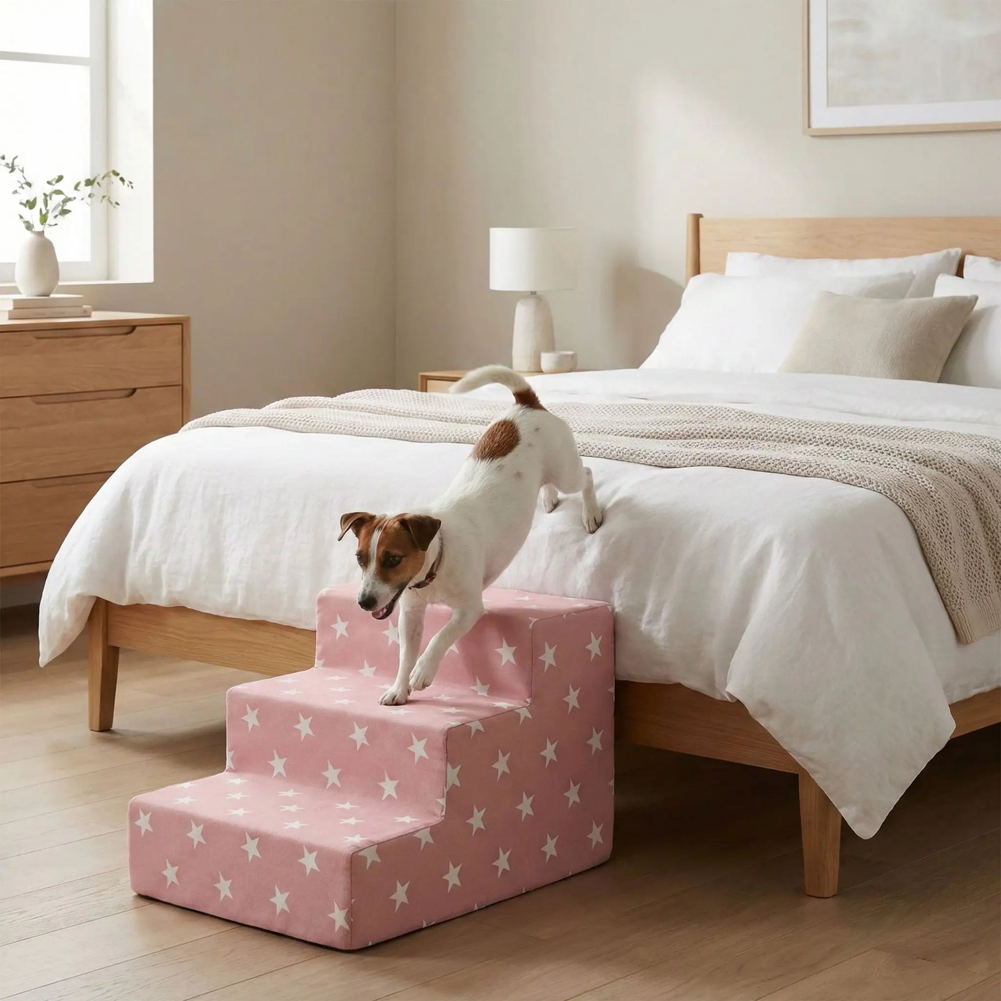 Escalier pour chien et chiot antidérapant, déhoussable lavable en machine avec mousse haute résilience à mémoire de forme pour protèger les articulations sensibles, sécurisé , confortable, résistant aux griffes pour petit et chien de moyenne taille-design velours sur le dessus ultra-doux et tissu en coton solide avec design étoiles-un chien de petite taille qui descend  en courant du lit de la chambre par l'escalier de 3 hautes marches en mousse pour rejoindre en toute sécurité le sol 