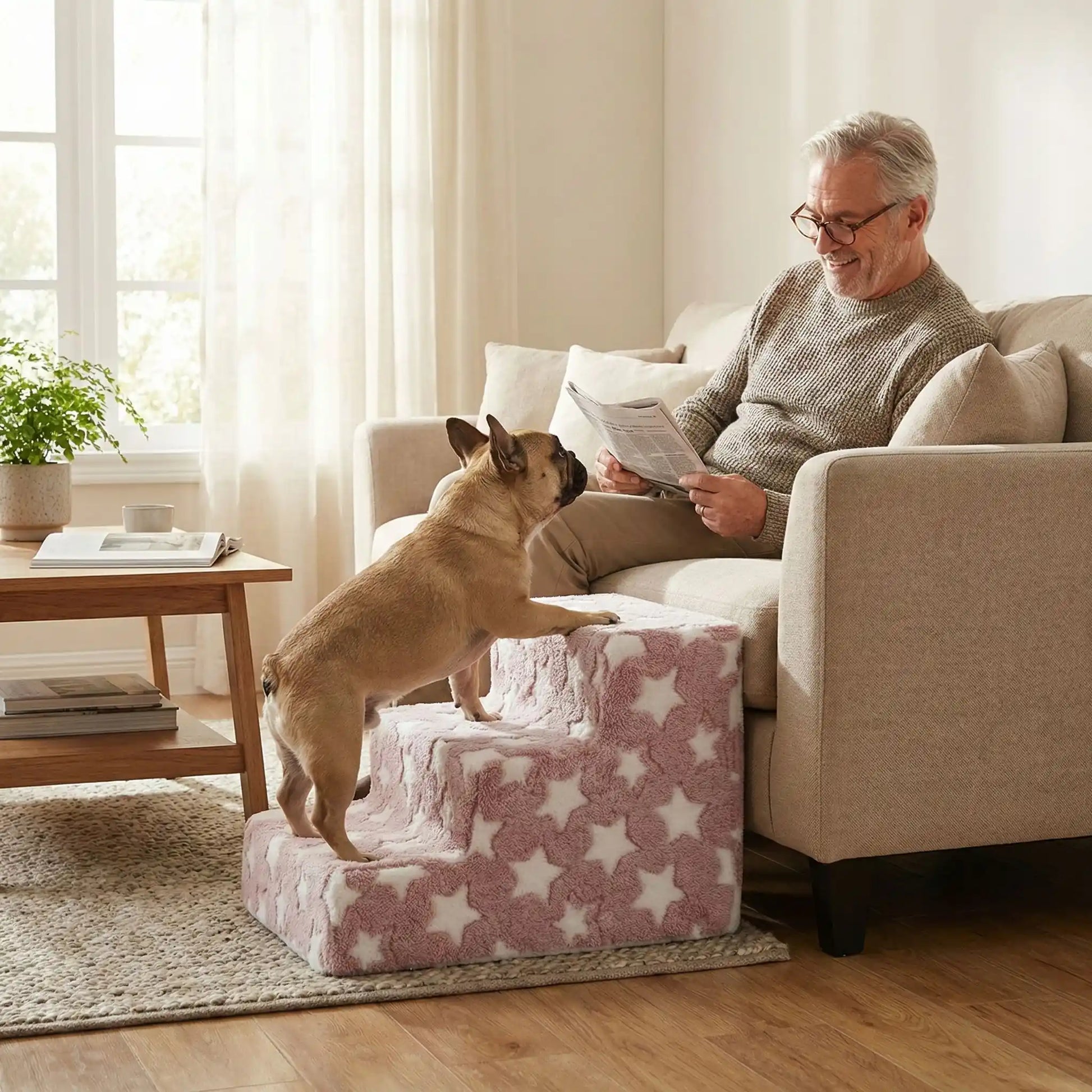 Escalier pour chien et chiot antidérapant, déhoussable lavable en machine avec mousse haute résilience à mémoire de forme pour protèger les articulations sensibles, sécurisé , confortable, résistant aux griffes pour petit et chien de moyenne taille-design velours sur le dessus ultra-doux et tissu en coton solide avec design étoiles-un Bouledogue français qui monte  confortablement sur l'escalier de 4 marches en mousse pour rejoindre son maitre qui le regarde assis sur le canapé en toute sécurité 