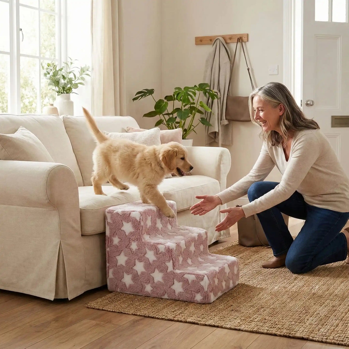 Escalier pour chien et chiot antidérapant, déhoussable lavable en machine avec mousse haute résilience à mémoire de forme pour protèger les articulations sensibles, sécurisé , confortable, résistant aux griffes pour petit et chien de moyenne taille-design velours sur le dessus ultra-doux et tissu en coton solide avec design étoiles-un chiot golden retriever qui descend  en courant du canapé du salon par l'escalier de 4 marches en mousse pour rejoindre en toute sécurité sa maitresse qui l'appelle pour sortir