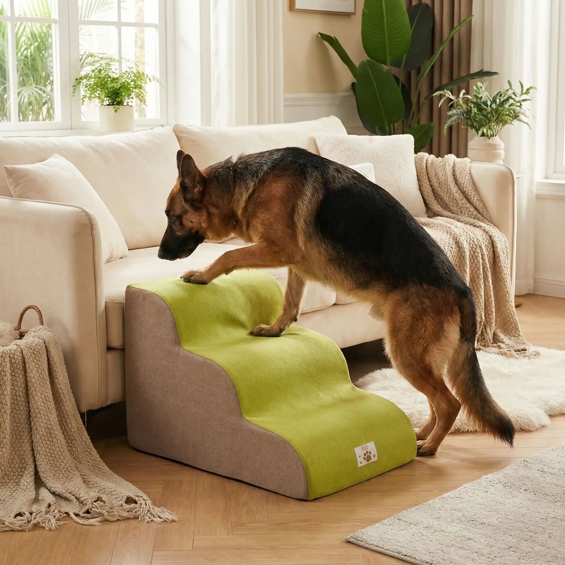 Escaliers pour chien chiot antidérapant, déhoussable lavable en machine avec mousse haute résilience à mémoire de forme pour protèger les articulations sensibles, sécurisé , confortable, résistant aux griffes pour petit et chien de moyenne taille-design velours sur le dessus ultra-doux et tissu en coton solide-un grand chien qui utiilse le modèle 3 marches de couleur vert pour rejoindre en toute sécurité le canapé du salon de la maison