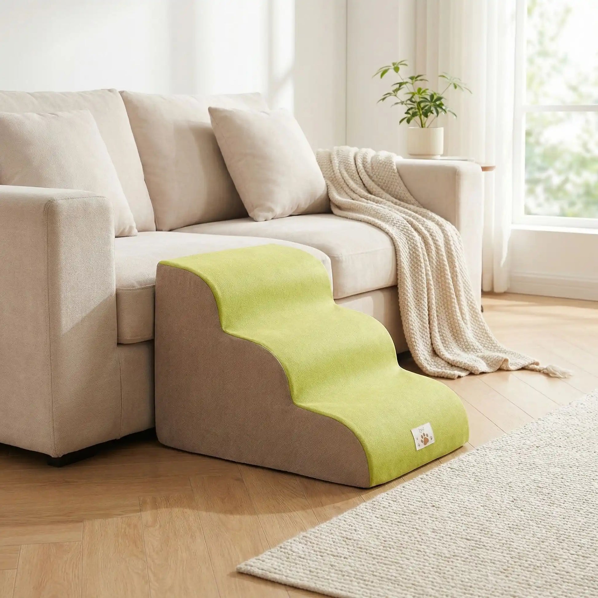 Escalier pour chien chiot antidérapant, déhoussable lavable en machine avec mousse haute résilience à mémoire de forme pour protèger les articulations sensibles, sécurisé , confortable, résistant aux griffes pour petit et chien de moyenne taille-design velours sur le dessus ultra-doux et tissu en coton solide- modèle 3 marches de couleur vert pour que le chien puisse rejoindre en toute sécurité le canapé du salon de l'appartement