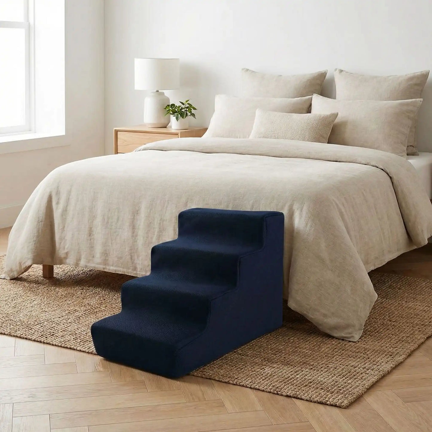 Escaliers pour chien et chiot antidérapant, déhoussable lavable en machine avec mousse haute résilience à mémoire de forme pour protèger les articulations sensibles, sécurisé , confortable, résistant aux griffes pour petit et chien de moyenne taille-design velours sur le dessus ultra-doux et tissu en coton solide-un modèle 4 marches de couleur bleu marine de 4 marches contre le lit de la chambre pour un accès facile et sécurisé du chien, idéal pour chien âgé, fragile et recommandé par les vétérinaires
