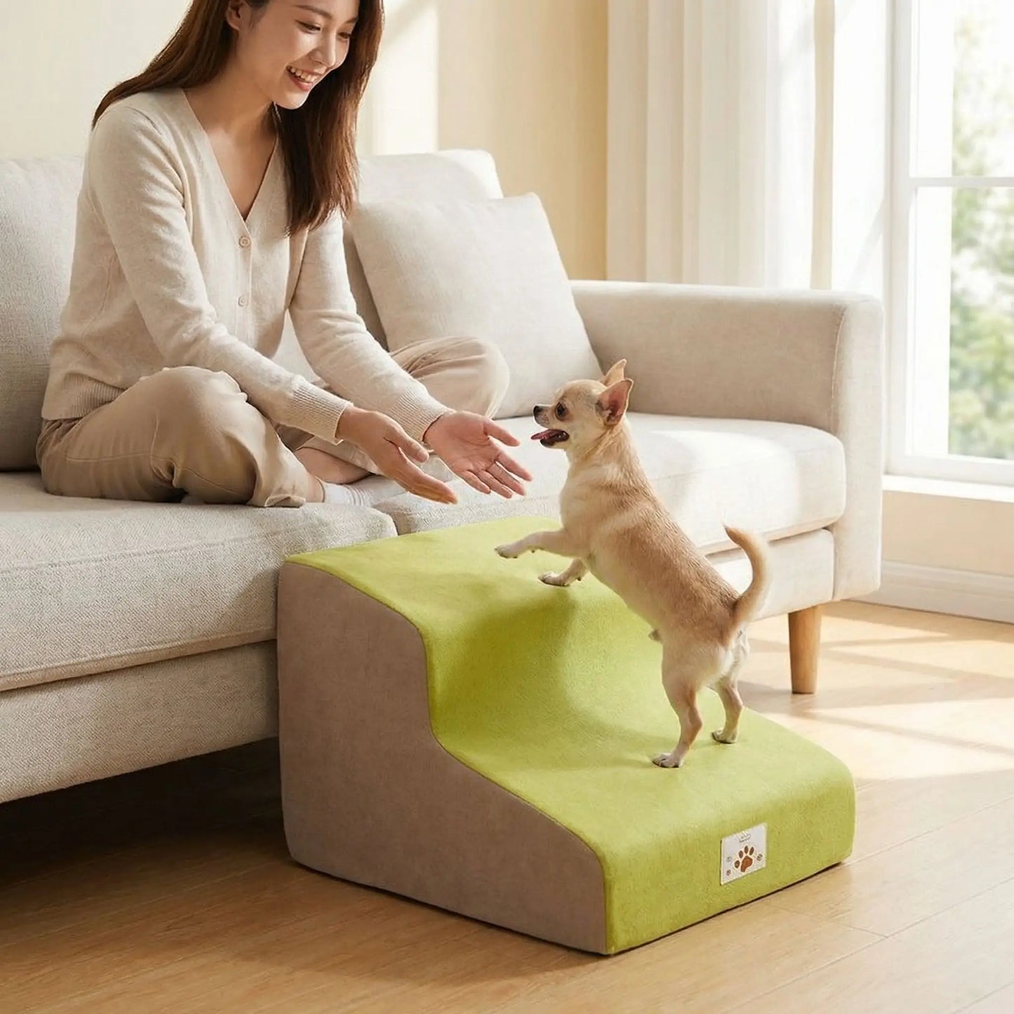 Escalier pour chien chiot antidérapant, déhoussable lavable en machine avec mousse haute résilience à mémoire de forme pour protèger les articulations sensibles, sécurisé , confortable, résistant aux griffes pour petit et chien de moyenne taille-design velours sur le dessus ultra-doux et tissu en coton solide-un chihuahua qui utiilse le modèle 2 marches de couleur vert pour rejoindre en toute sécurité sa maitresse asssise sur le canapé du salon de la maison