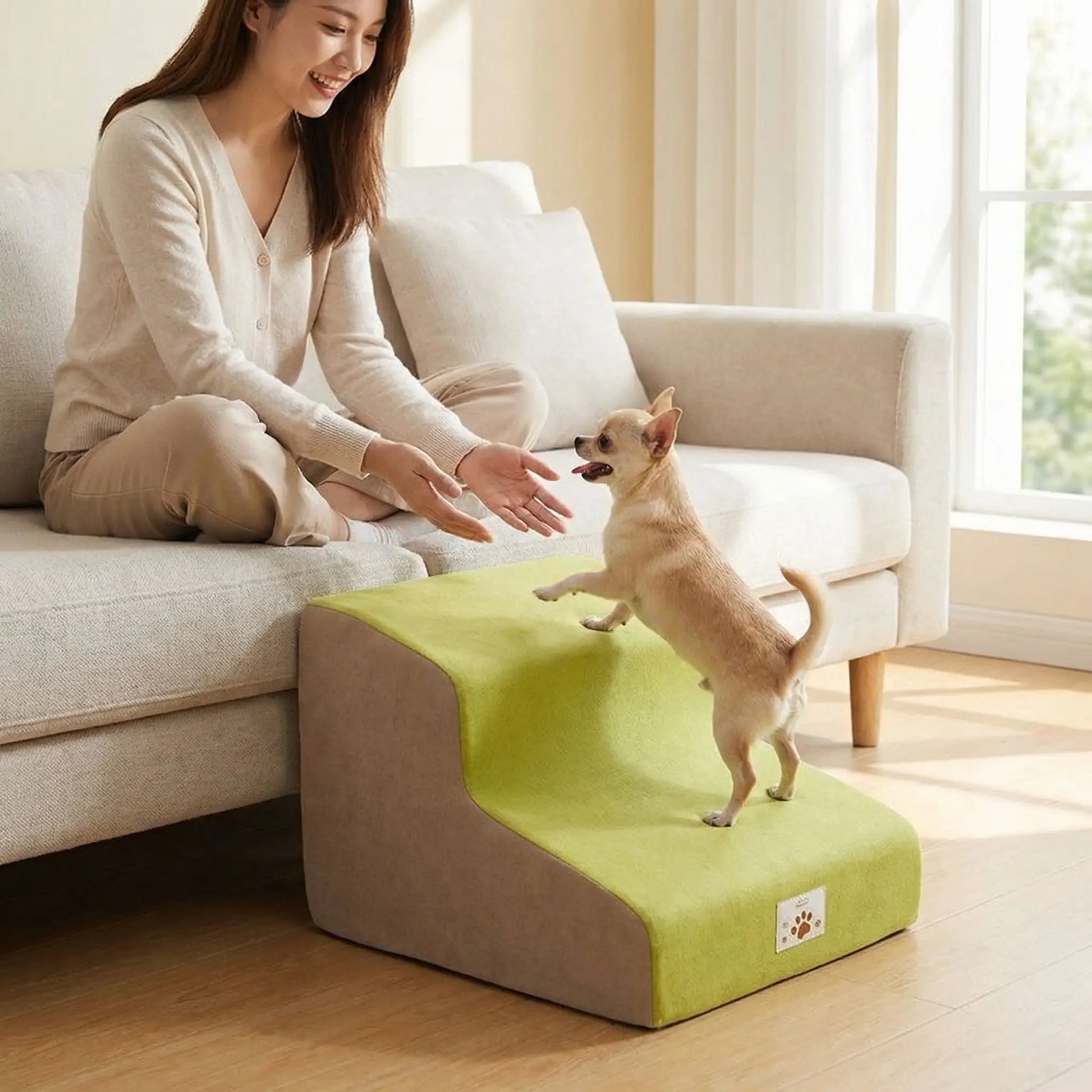 Escalier pour chien chiot antidérapant, déhoussable lavable en machine avec mousse haute résilience à mémoire de forme pour protèger les articulations sensibles, sécurisé , confortable, résistant aux griffes pour petit et chien de moyenne taille-design velours sur le dessus ultra-doux et tissu en coton solide-un chihuahua qui utiilse le modèle 2 marches de couleur vert pour rejoindre en toute sécurité sa maitresse asssise sur le canapé du salon de la maison